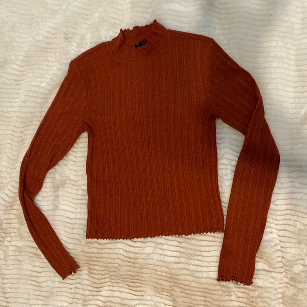 Forever 21 Cute Lightly Ribbed Long sleeve Lettuce Edge Mock Turtleneck